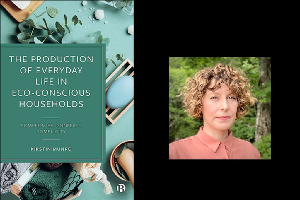 Headshot of Munro next to her book cover: the book title over a green household counter on which are a wooden soap dish with green soap, towels in a wire mesh basket, soap crystals, a wooden cutting board, and eucalyptus.