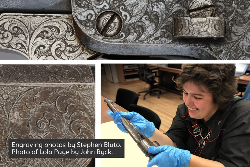 Collage of close-up photos of Colt revolver engravings and a photo of Lola Page examining one