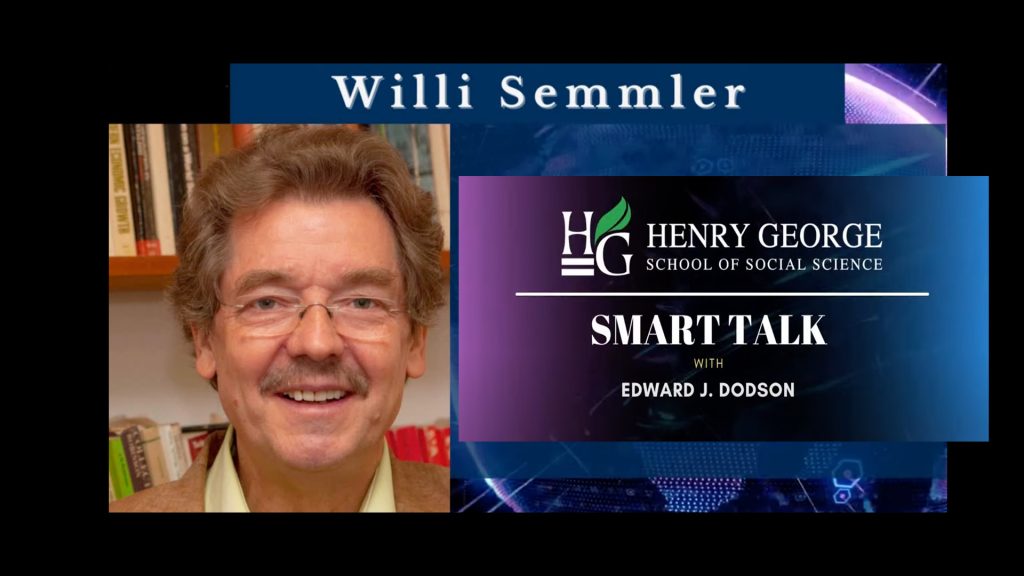 Headshot of Willi Semmler next to masthead of Henry George School of Social Science Smart Talk