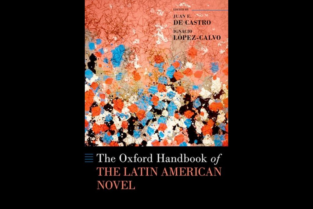 Cover of De Castro's book: Abstract of red, blue, white, and black blotches against a pale-red background with scattered veins of dark red.