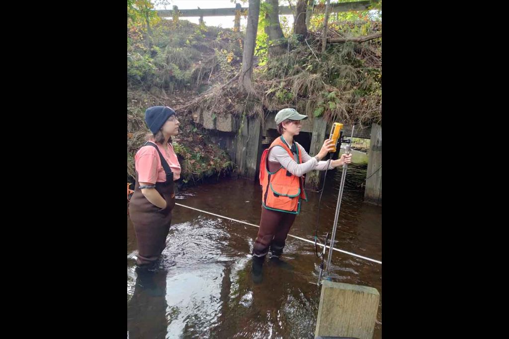 Two people stand in a shallow body of water, one observing the other taking a measurement. 