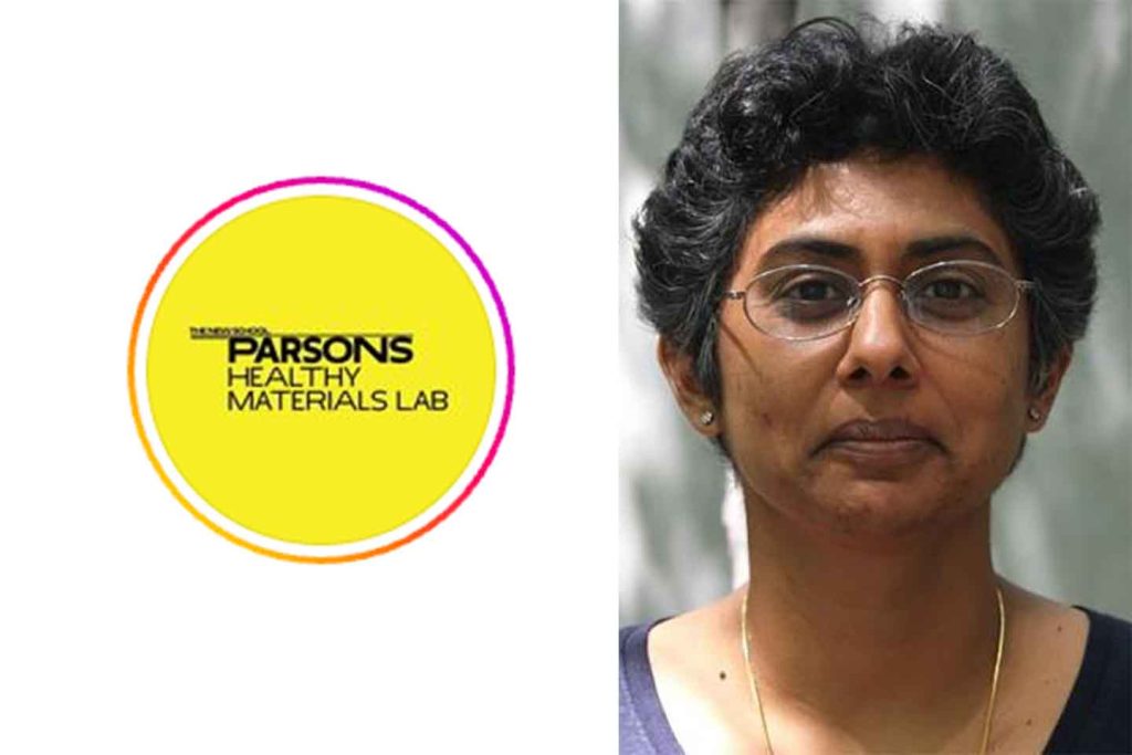 Headshot of Bhawani Venkataraman next to logo of Parsons Healthy Materials Lab: lab name on a circle